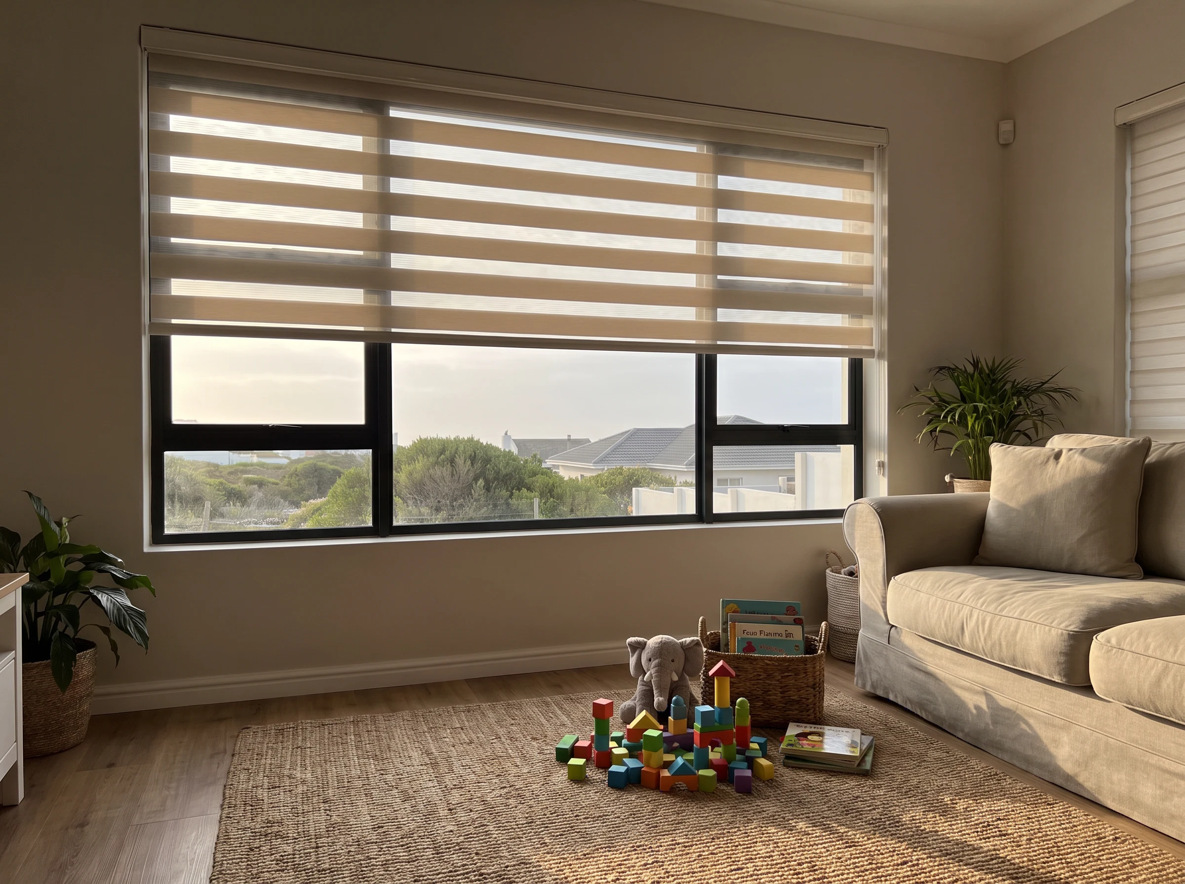 Day-and-night banded roller blind partially open in a Sunningdale family home lounge, children's toys on a rug nearby