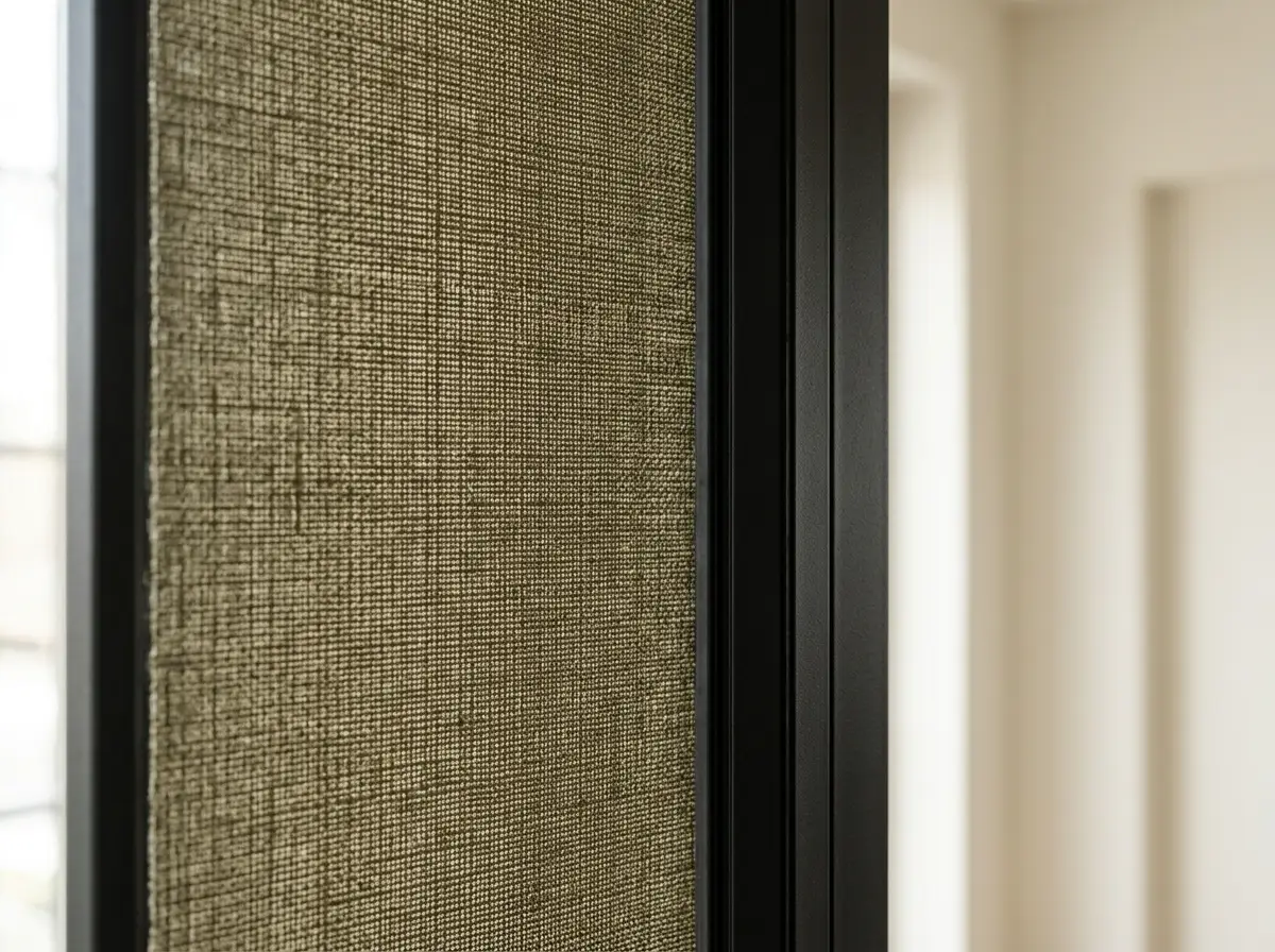Close-up of a woven khaki roller blind fabric against a black aluminium window frame in a Century City apartment