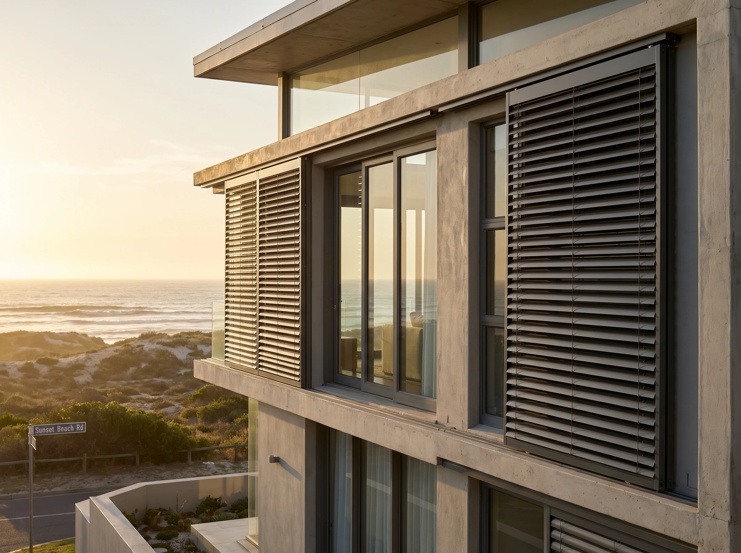 Wide aluminium external venetian blind slats mounted outside a modern Sunset Beach home facade, ocean horizon visible in the background