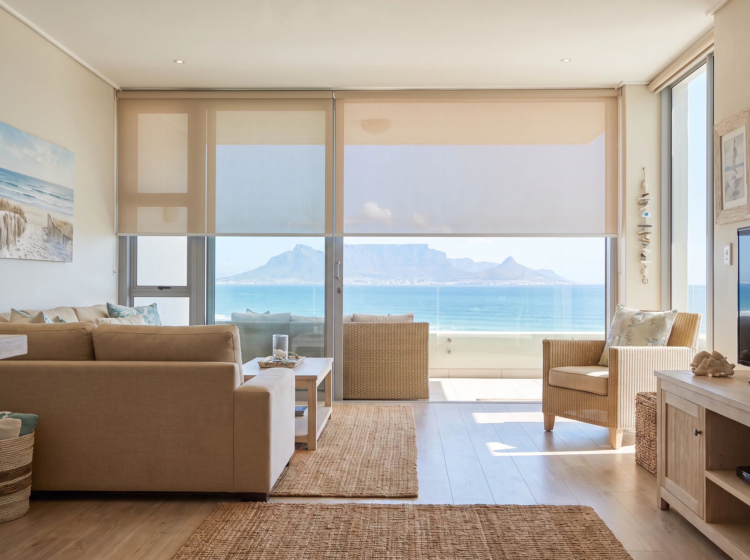 Sunscreen roller blind partially lowered across a large window in a Bloubergstrand beachfront apartment lounge, Table Mountain visible across Table Bay