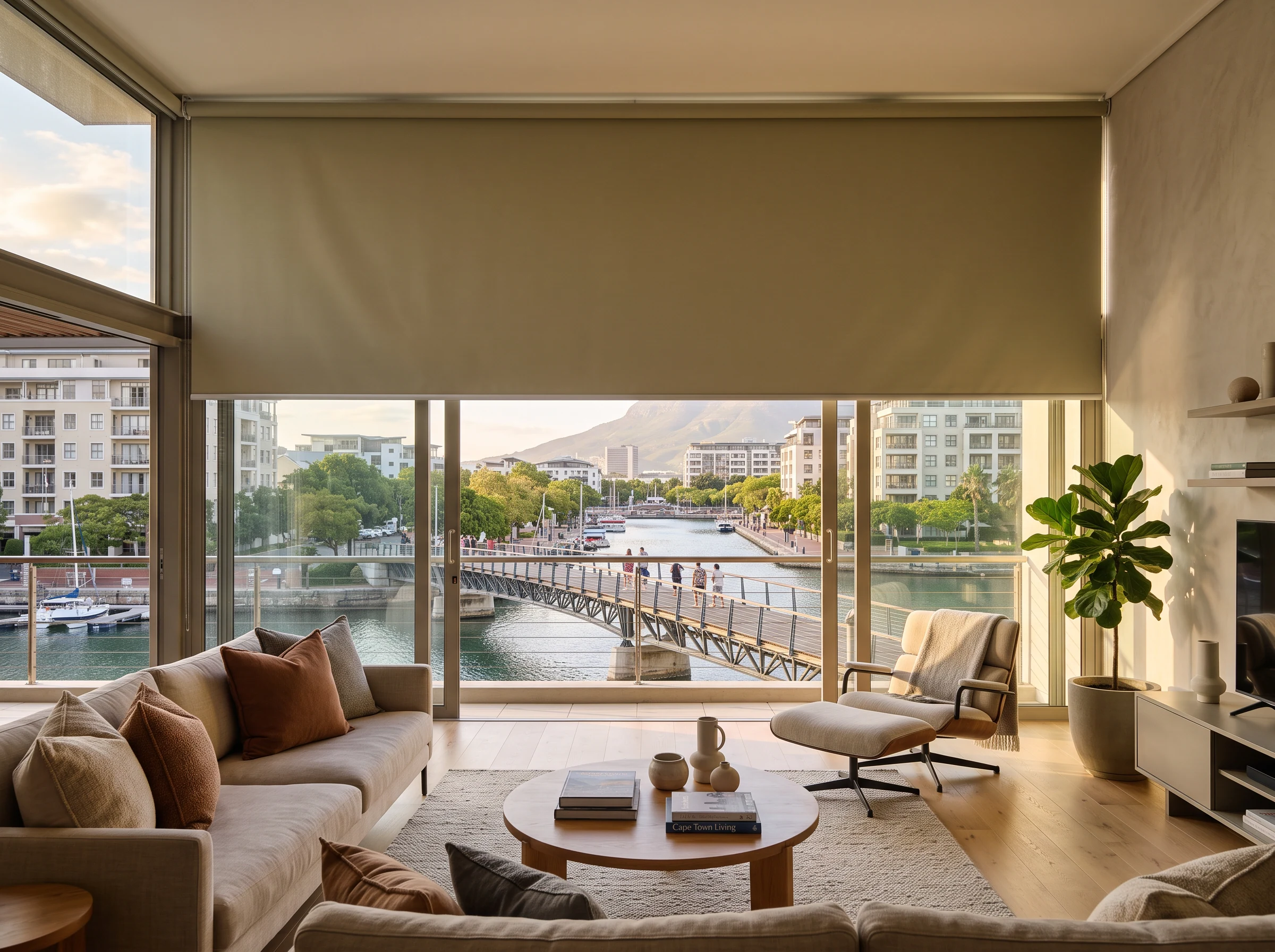Khaki sunscreen roller blind lowered two-thirds across floor-to-ceiling windows in a bright Century City apartment living room, canal and pedestrian bridge outside