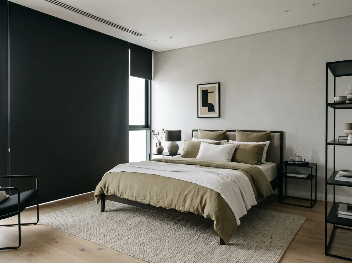 Black-out roller blind fully closed beside a partially open sheer roller blind in a Century City bedroom with olive-toned linen bedding