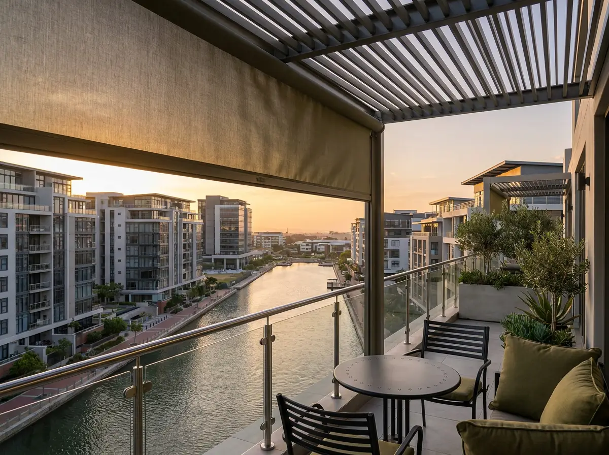 Retractable canvas awning extended over a Century City apartment balcony at sunset, with a slatted pergola roof and canal-facing view of the waterfront precinct