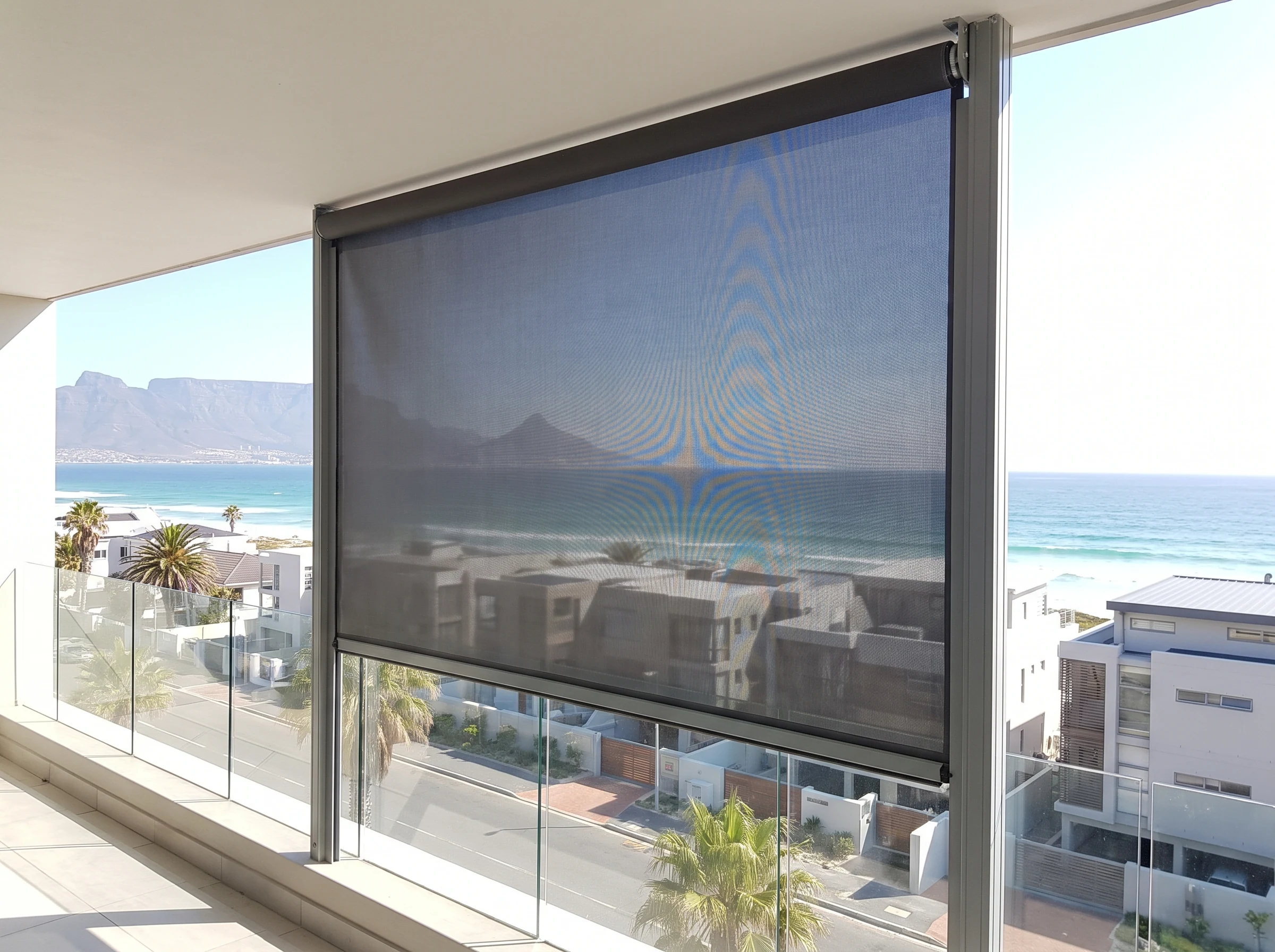 Outdoor zip-track screen blind enclosing a modern Big Bay apartment balcony against coastal wind, ocean visible through the mesh
