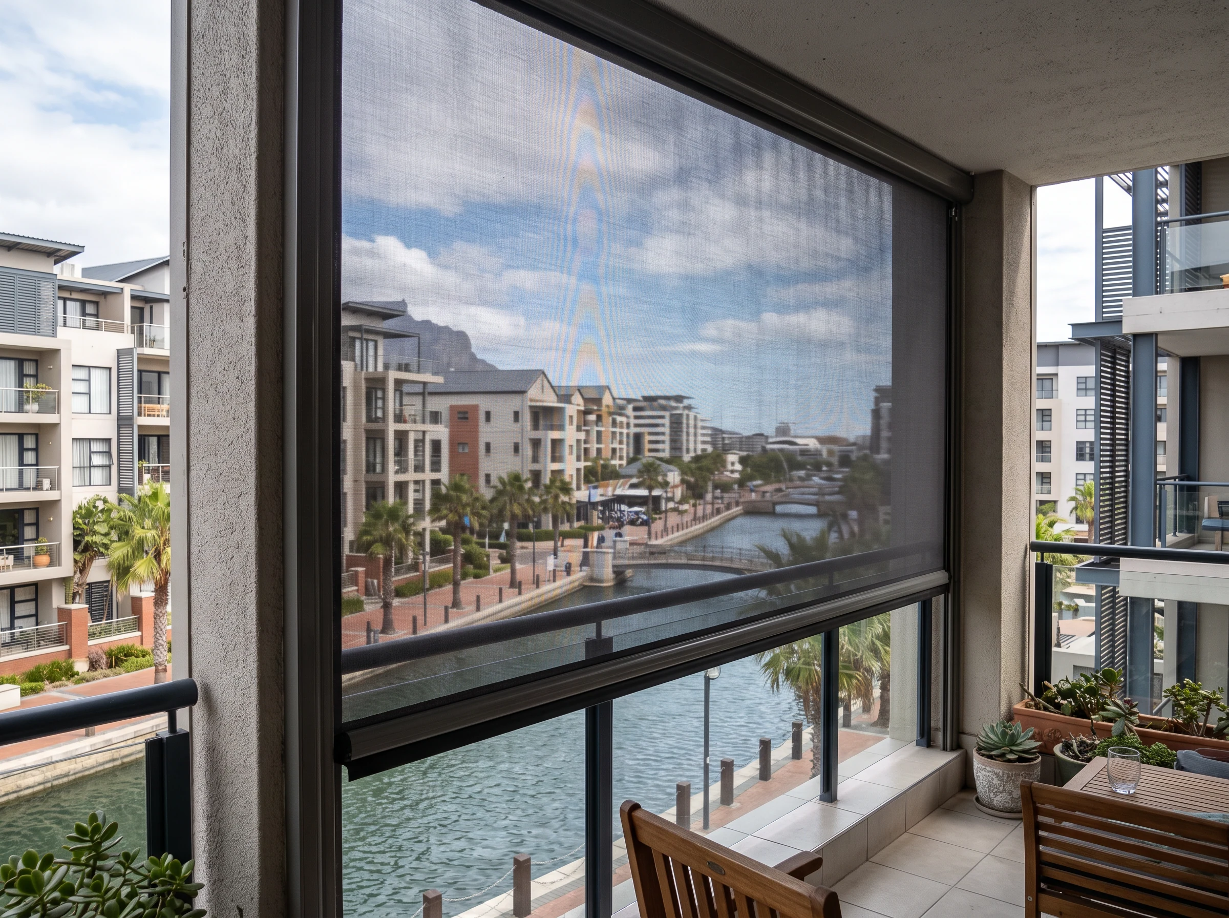 Outdoor zip-track screen blind enclosing a Century City apartment balcony against the wind, canal visible through the mesh